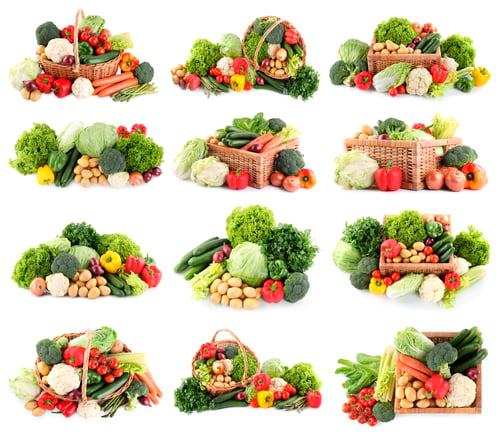 Preview: Fresh vegetables in piles on white background, set