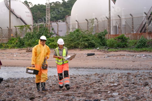 Preview: Environmental field team in protective gear analyzes water samples on a polluted beach.