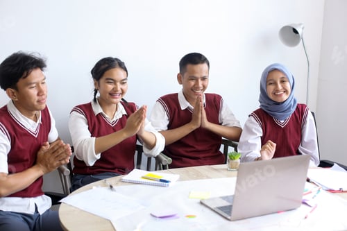 Preview: Students Showing Greetings Gesture During Learning Online On Laptop