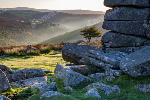 Preview: Dartmoor National Park surrounded by hills under the sunlight in the morning in the UK
