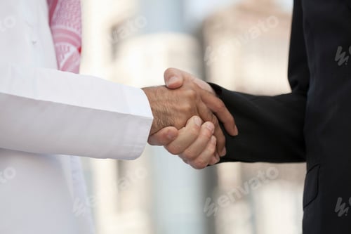 Preview: Two professionals engaging in a firm handshake against a blurry city background.