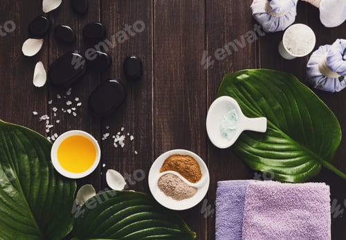 Preview: Spa treatment, aromatherapy background. Details and accessories