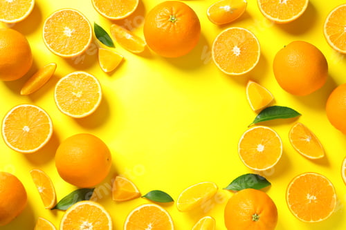 Preview: Flat lay composition with ripe oranges and space for text on color background