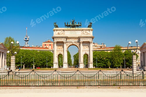 Preview: Porta Sempione, the city gate of Milan, Italy on a summer day