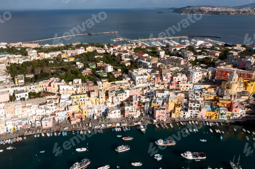 Preview: Aerial view of colourful fishermen's houses, on Procida Island, Bay of Naples, Italy.