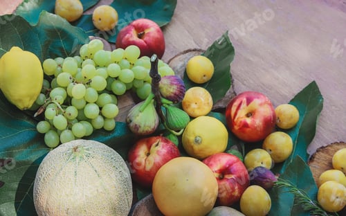 Preview: variety of fruit on wooden table - concept of freshness and naturalness