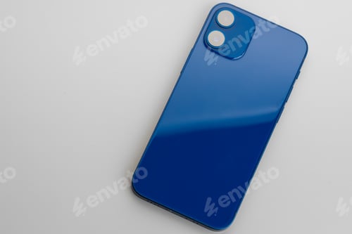 Preview: Blue modern smartphone with double-lens camera on gray background