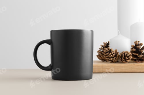 Preview: Black mug mockup with candles on a table. Christmas decoration