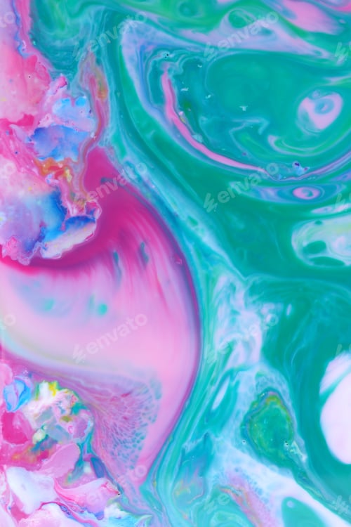 Preview: Green Pink Abstract Spots On Liquid, Green Pink Cosmic Background, Pop Art Texture, Minimalism