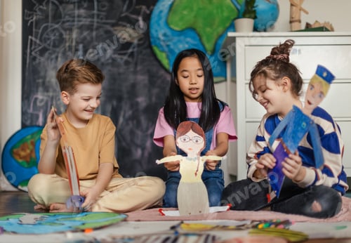 Preview: Little children playing with a handmade puppets.