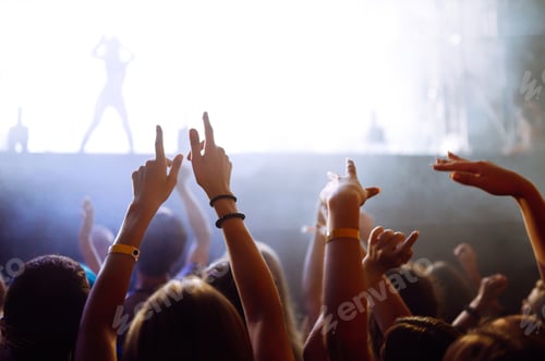 Preview: Сrowd with raised hands at music festival. Fans enjoying rock concert with light show, clapping.