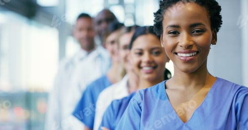 Preview: People, portrait and medical team with line for healthcare service, internship or health programme