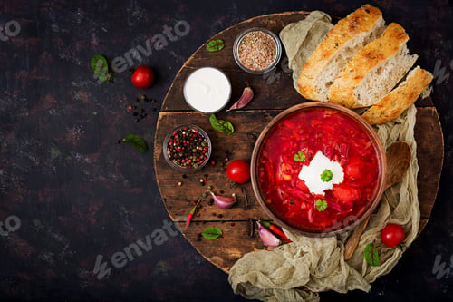 Preview: Traditional Ukrainian Russian borscht with white beans on the bowl.