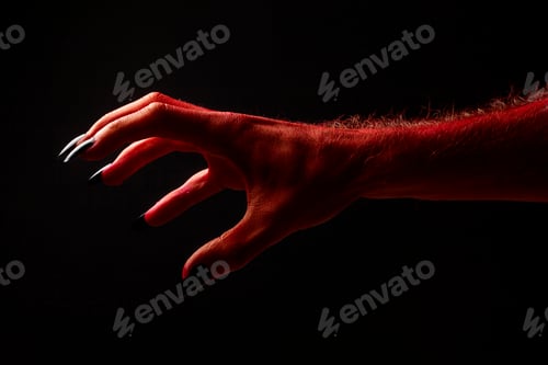 Preview: Red devil creepy halloween hand on a black background