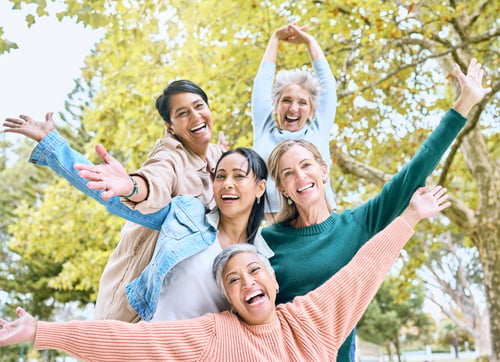 Preview: Senior retirement, portrait and hands up in fun game, goofy activity or silly energy for comic prof