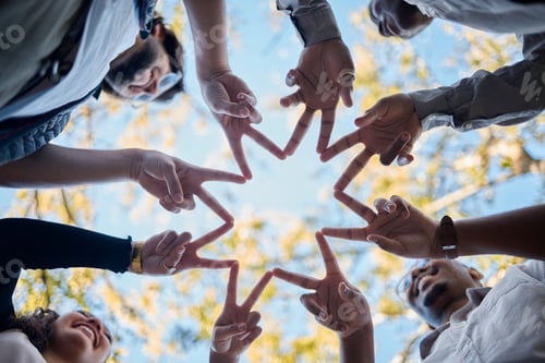 Preview: Creative people, hands and star in teamwork, solidarity or collaboration for unity in nature. Low a