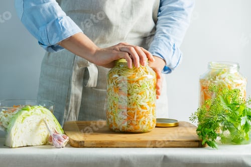 Preview: The preparation process fermentation preservation Sauerkraut on a light background. Natural rustic