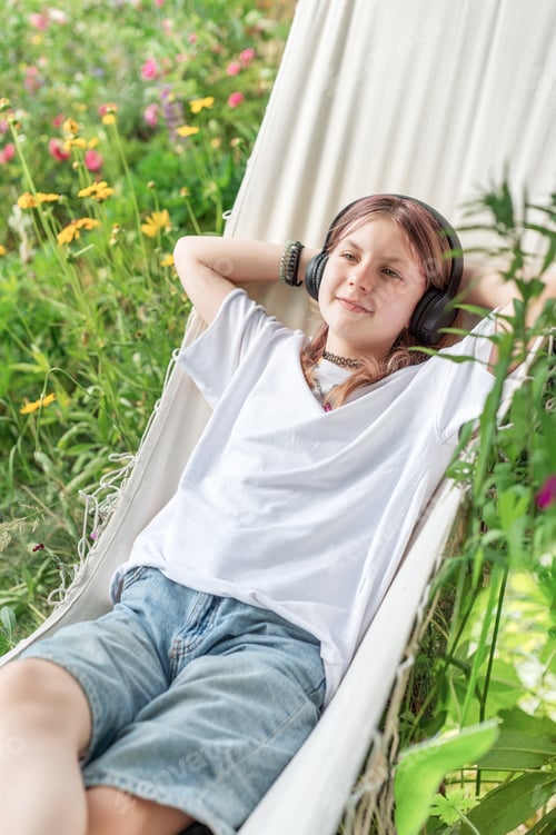 Preview: Relaxed teen listening to music in hammock