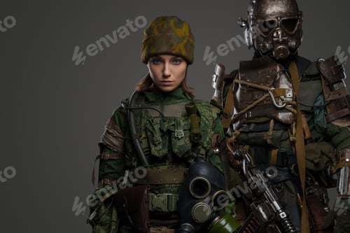 Preview: Military woman and man looking at camera against gray background
