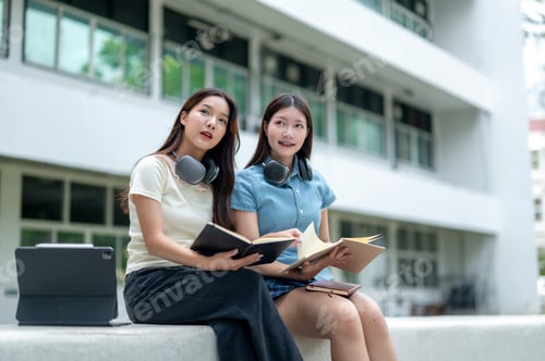 Preview: Two women sitting on a bench, one with a laptop and the other with a book