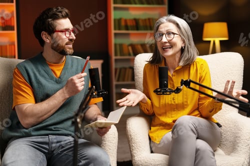 Preview: Two podcasters recording a new episode in a studio