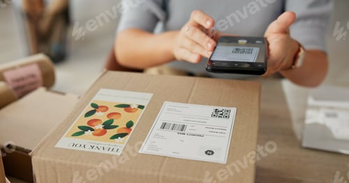 Preview: Woman, hands and phone to scan package for dropshipping, online information and parcel distribution
