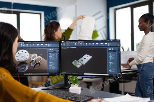 Preview: Industrial engineer woman working at pc with two monitors, screens showing CAD software