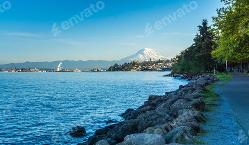 Preview: A View Of Mount Rainier And The Shoreline In Ruston, Washington.
