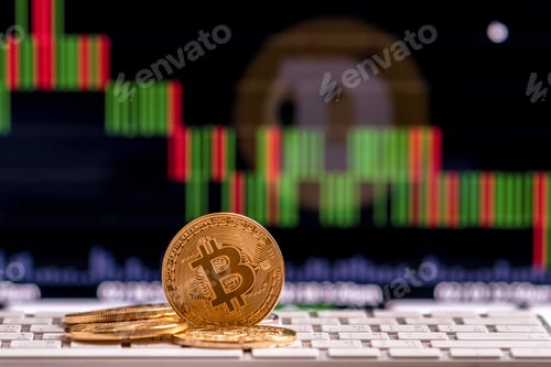 Preview: Closeup Bitcoins mockup on the keyboard with money paper bank over the cryptocurrency