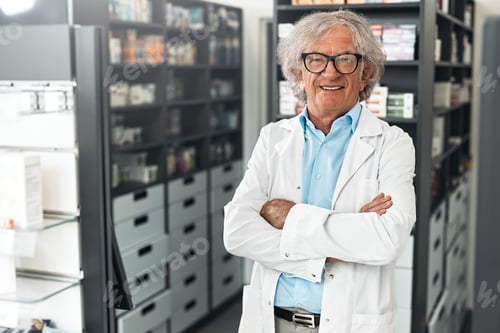 Preview: Senior male pharmacist standing confidently at the pharmacy counter