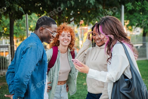 Preview: Group of multiracial teenage students talking and laughing outdoors, enjoying friendship and bonding