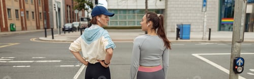Preview: Two sportive young female friends walking city after morning running. Back view