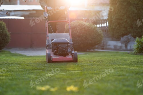 Preview: Garden worker with lawn mover. Garden works in spring.