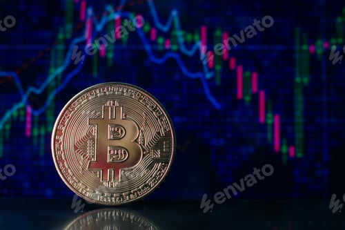 Preview: Bitcoin.BTC Cryptocurrency Coins.Golden bitcoins with Candle stick graph and digital background.
