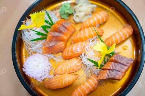 Preview: Sashimi salmon set, raw fish, japanese food.(Selective focus)