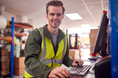 Preview: Portrait Of Male Worker In Busy Modern Warehouse Working On Computer Terminal