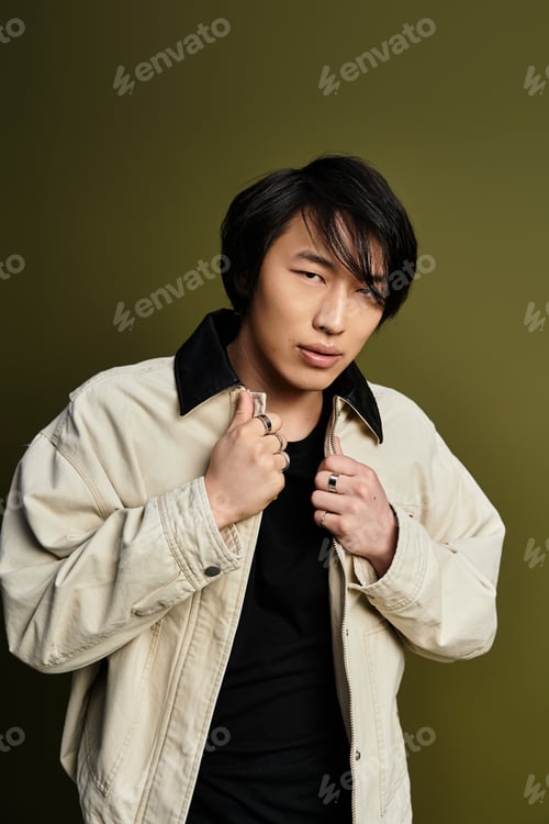 Preview: Young Asian man showcases stylish fashion in studio setting