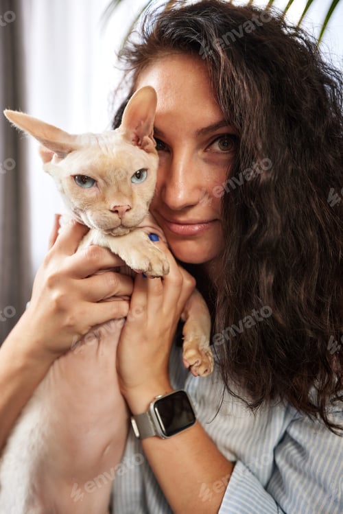 Preview: Portrait of young woman holding cute cat with blue eyes. Female hugging her cute short hair kitty