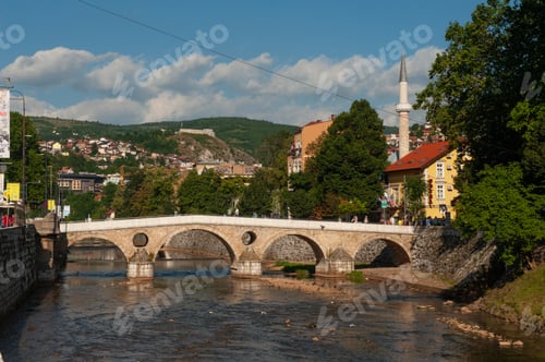 Preview: Horizontal shot of a bridge and the city in Sebilj Sarajevo Bosnia and Herzegovina