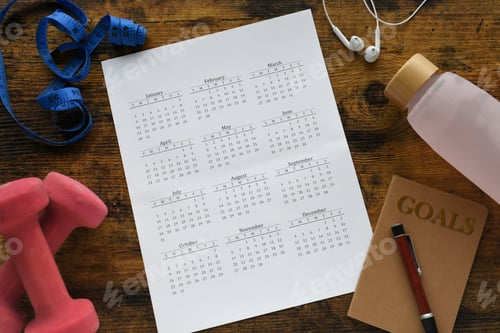 Preview: Calendar flat lay with health fitness items. New Year's resolution goals, new year new you