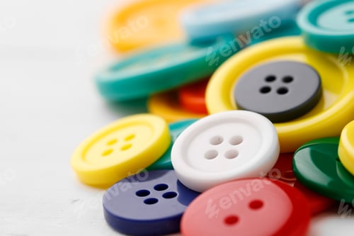 Preview: Close up of pile of colorful buttons on white background