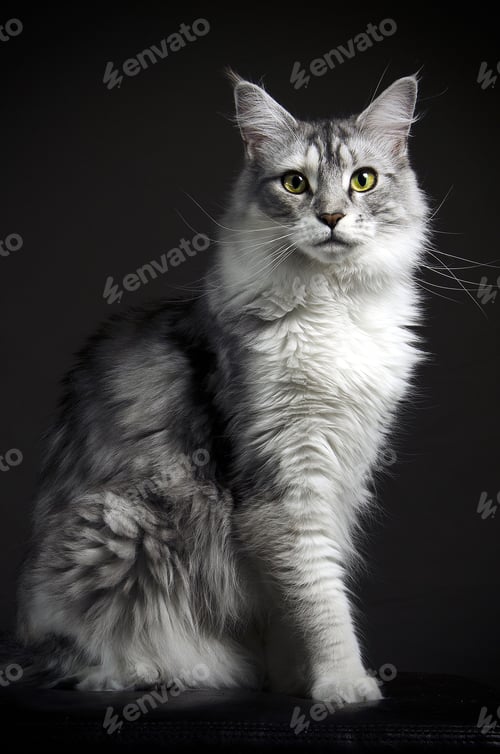 Preview: Portrait of a beautiful Swedish Maine Coon cat against a black background