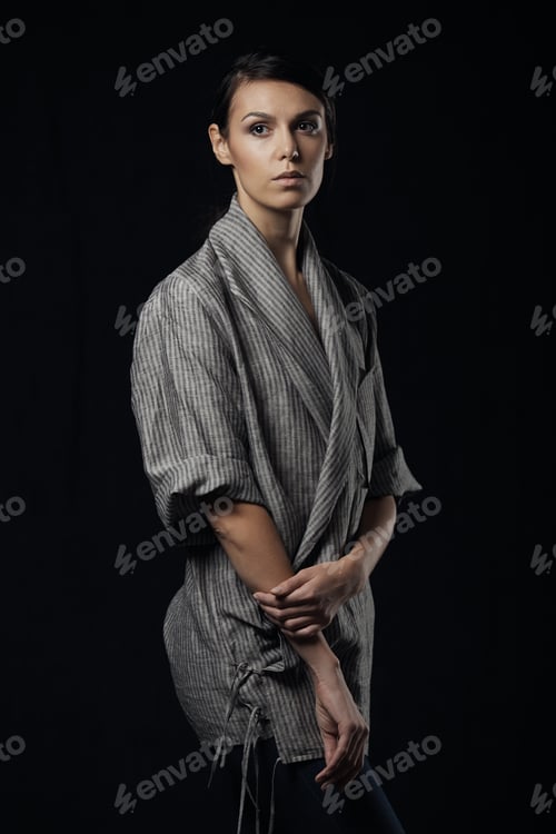 Preview: Fashion photo of young magnificent woman in grey shirt