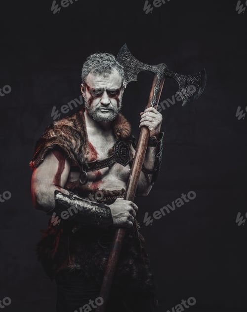 Preview: Medieval fighter with white skin holding axe in dark background