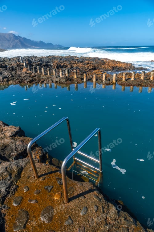Preview: Stairs in the Las Salinas de Agaete natural pools in Puerto de Las Nieves in Gran Canaria, Spain.