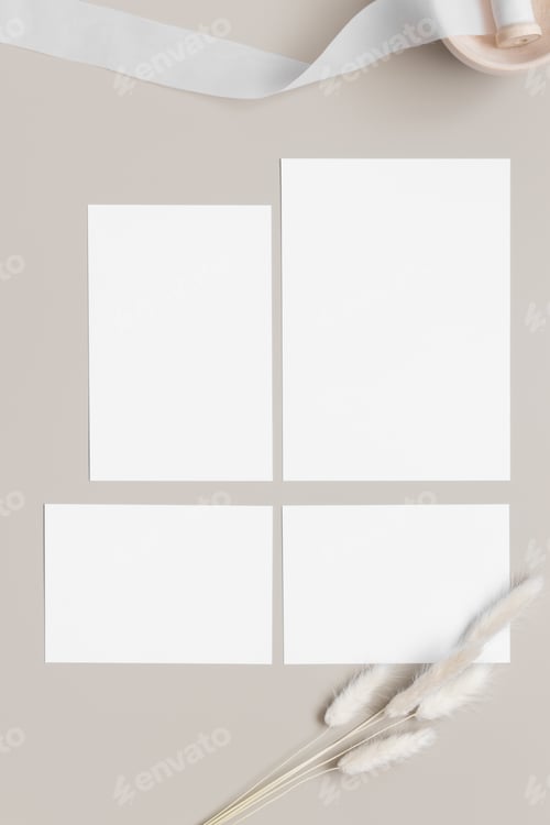 Preview: Wedding invitation stationery mockup with a satin tape and a lagurus.Dimensions: 5x7", 5x3.5", 6x4".