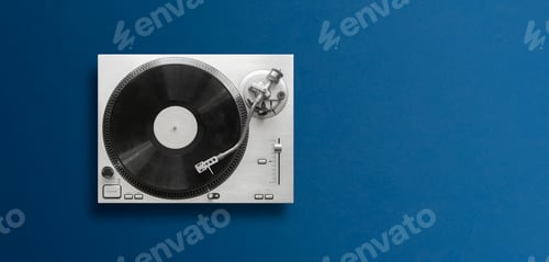 Preview: a top view of a classic record player flat lay, simple minimalism concept wit copy space