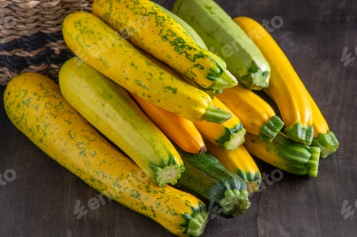 Preview: Yellow-green leopard-spotted zucchini. Vegetables on the table. Zucchini harvest.