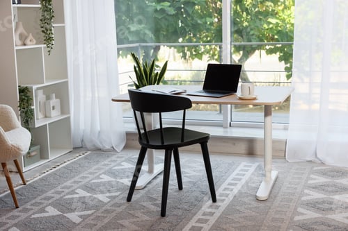 Preview: Home workspace. Modern laptop and stationery on wooden desk indoors