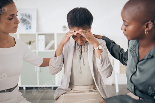 Preview: Mental health, depression and support group with woman comfort friend after getting bad news at wor